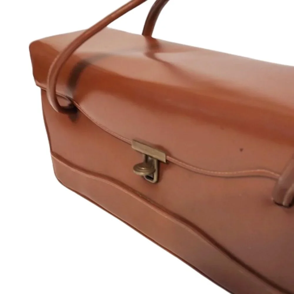 1950s Vintage Large Rust Brown Vinyl Box Handbag Purse With 2 Handles MCM - Picture 4 of 6